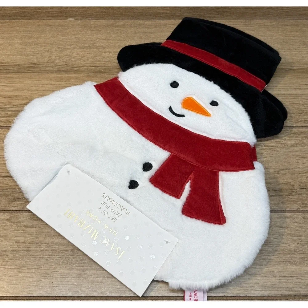 Isaac Mizrahi Christmas Snowman Red White Luxe Faux Fur 15in Set Of 2 Placemats